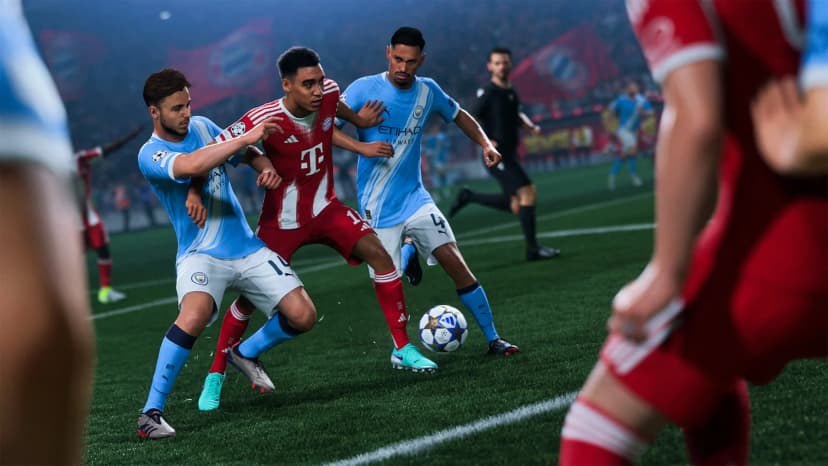 Champions League-niveau gameplay in EA Sports FC26 — intense strijd om de bal